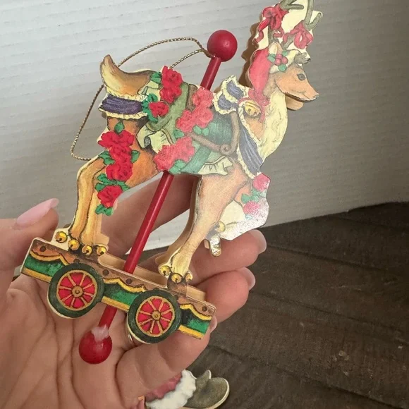 Vintage Wooden Mary Engelbreit Pull String Santa with sack and 3D Deer - Picture 7 of 9